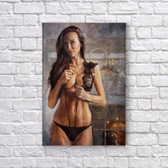 Nude Art Sexy Woman in Sexy Lingerie Black Garter Nude Painting Naked Women  Sexy Bedroom Decor Canvas Wall Art Print Living Room Home Decor