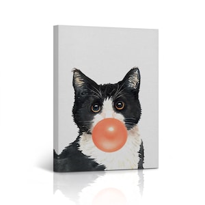 Cat Blowing Orange Bubble Gum Portrait Pop Art Animal Canvas Wall Art Print for Kids Boy Girl Room Wall Decor