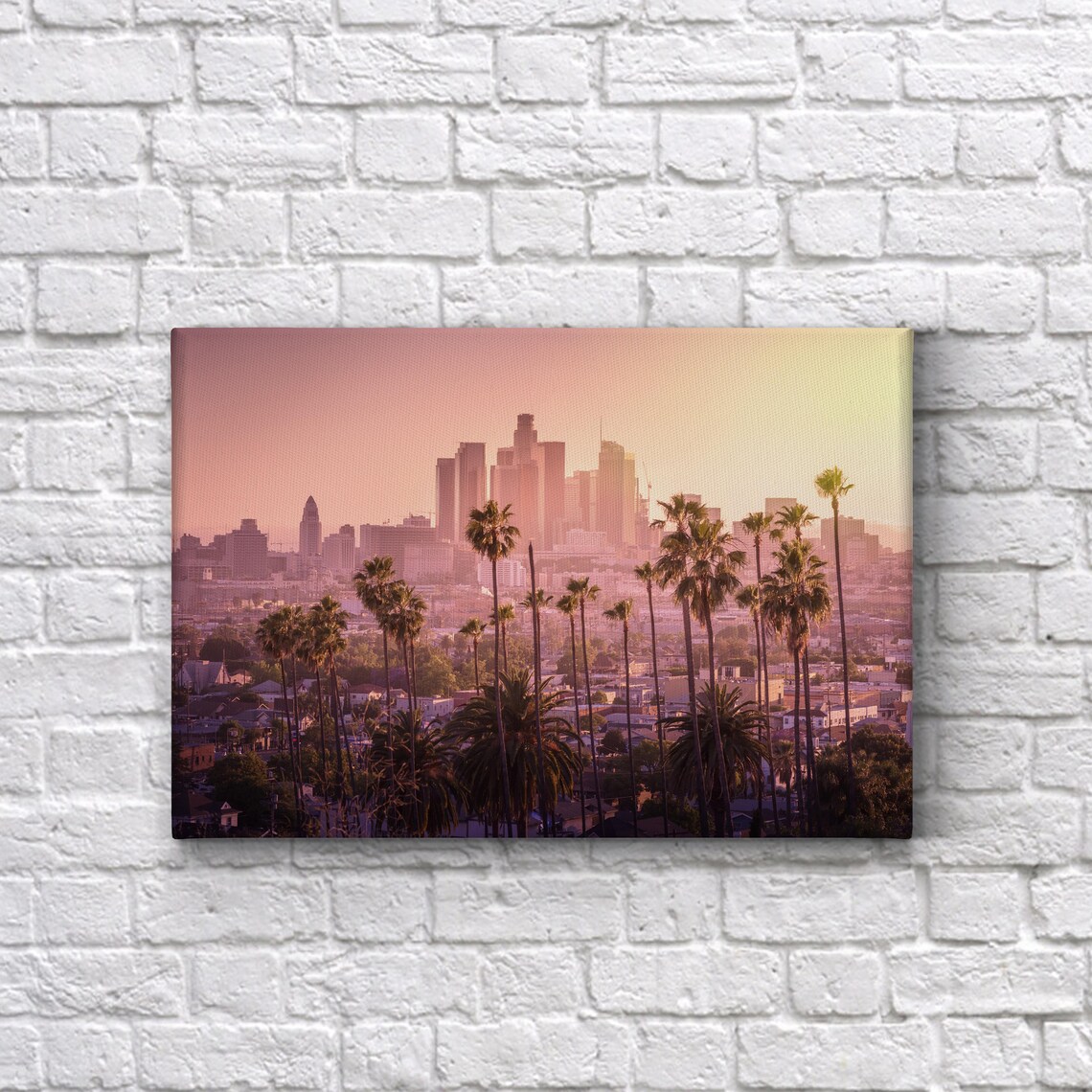 Los Angeles Skyline Wall Art Purple Sky With Palm Trees and LA Etsy