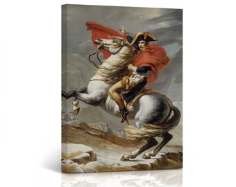 May include: A painting of Napoleon Bonaparte on horseback, riding through a mountainous landscape. He is wearing a red cloak and a bicorne hat. The horse is white with a long flowing mane and tail. The painting is titled "Napoleon Crossing the Alps".