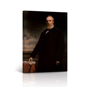 May include: A painting of a man in a dark suit with a white shirt and a white beard. He is standing in front of a dark background with a red tablecloth and a piece of paper on it. The man is looking directly at the viewer.
