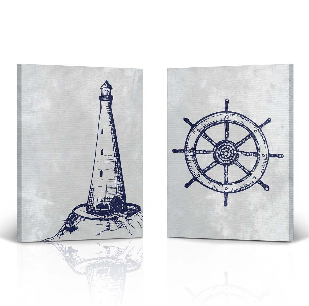 Lighthouse and Ship Wheel Navy Blue Illustration Old White Coastal ...