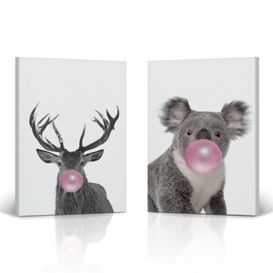 Reindeer and Koala Chewing Pink Bubble Gum Black and White 2 Piece Set Woodland Canvas Wall Art Print for Kids Boy Girl Room Wall Decor