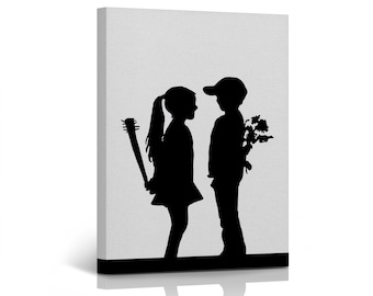 Banksy Canvas Wall Art Black and White Girl Meets Boy Street Art Painting Mural Graffiti Artwork Wall Decor for Living Room Home Decor