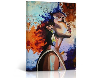 May include: A colorful painting of a woman with a blue and orange afro. The background is a mix of blue, orange, and white with abstract shapes and lines. The woman is wearing a white tank top and has a feather earring.