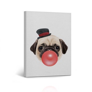 Pug with Hat Blowing Red Bubble Gum Portrait Pop Art Animal Canvas Wall Art Print for Kids Boy Girl Room Wall Decor