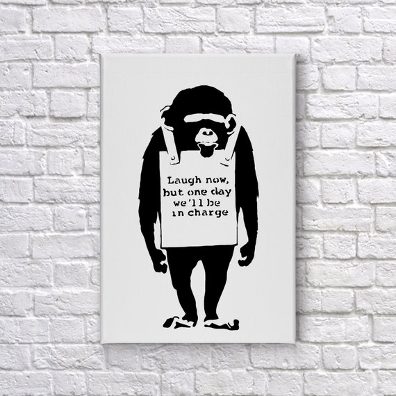Banksy Canvas Wall Art Black and White Laugh Now Monkey Painting