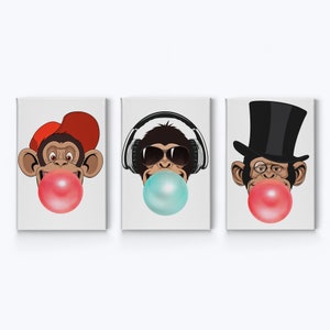 Three Funny Monkey Chewing Red and Teal Blue Bubble Gum Colored 3 Piece Set Woodland Canvas Wall Art Print for Kids Boy Girl Room Wall Decor