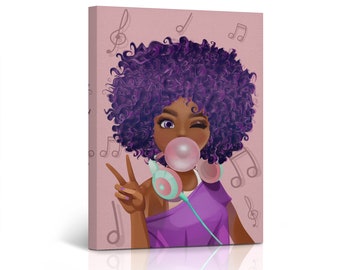 Purple Haired African Girl Earphones Pink Blue Bubble Gum Canvas Wall Art Print Baby Kids and Nursery Room Afro African