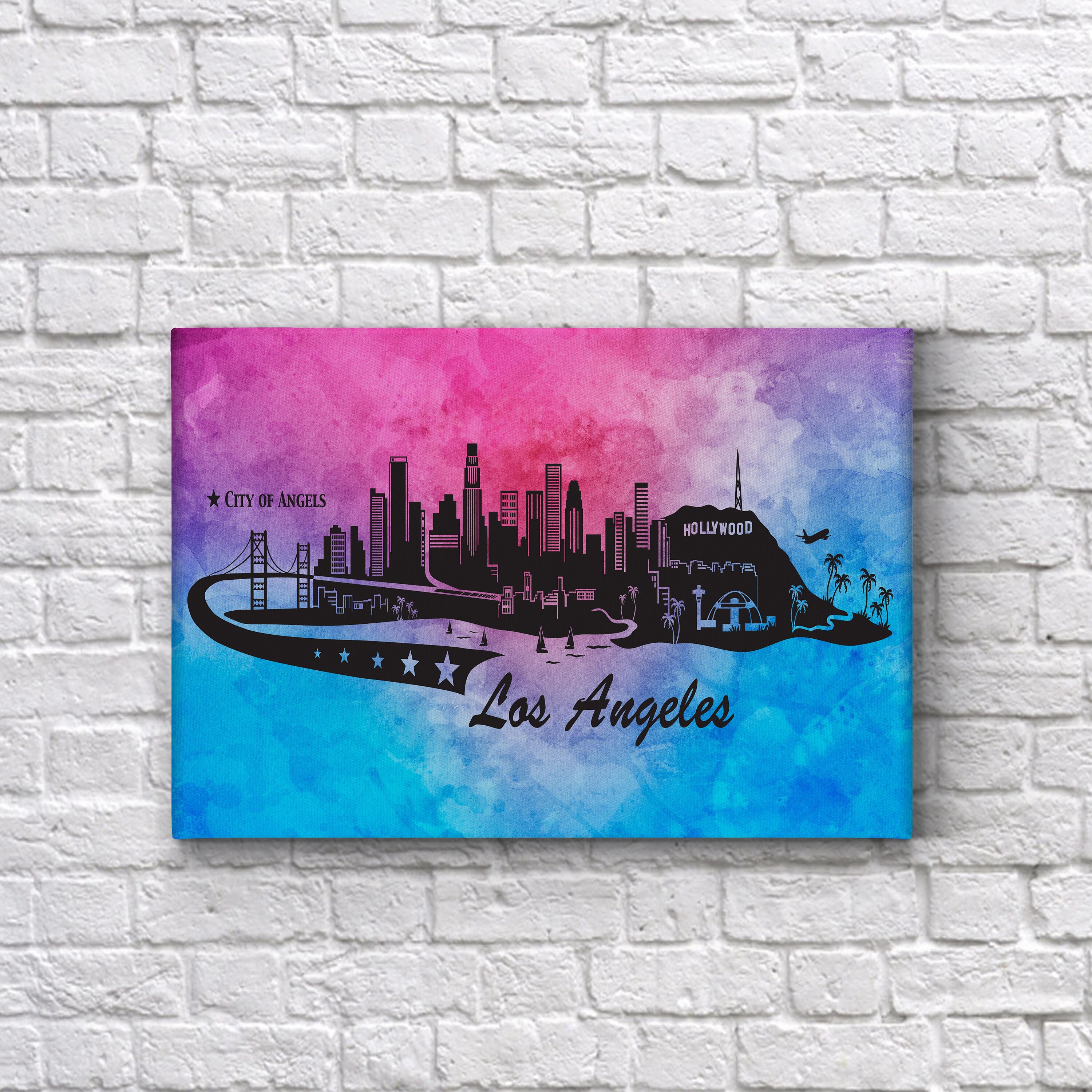 Los Angeles Skyline Wall Art Black Watercolor Background Etsy