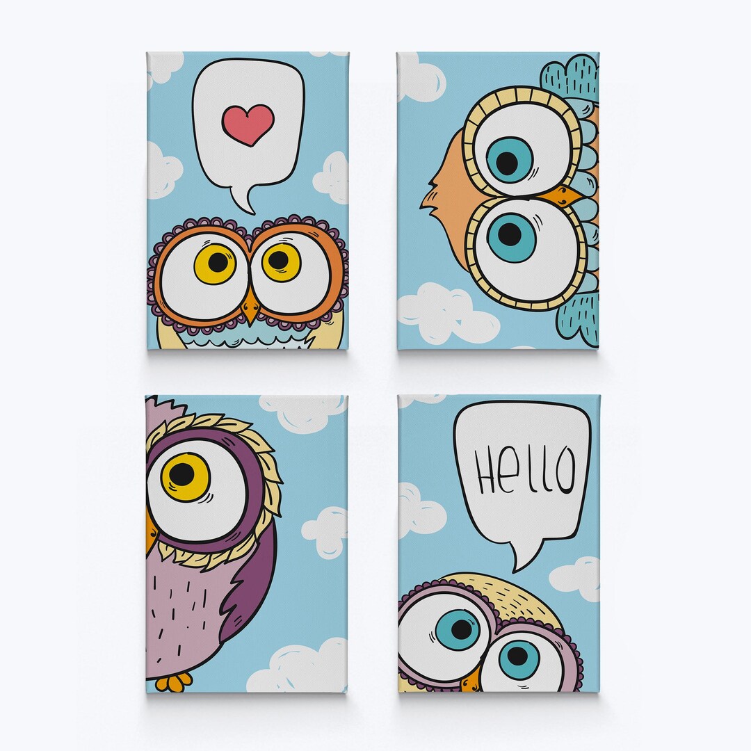 Cute Owls Colorful Wall Art Nursery Decor 4 Panel Canvas Print Set ...