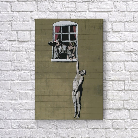 Banksy Canvas Wall Art Man Hanging From Window From Bristol Banksy Canvas Wall Art Man Hanging From Window From Bristol