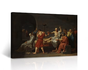 May include: A painting depicting a scene from the death of Socrates. The painting shows Socrates lying on a bed, surrounded by his friends and disciples. One of the disciples is holding a cup of hemlock, the poison that will end Socrates' life. The painting is set in a dark, somber room, and the figures are all dressed in simple, classical robes.