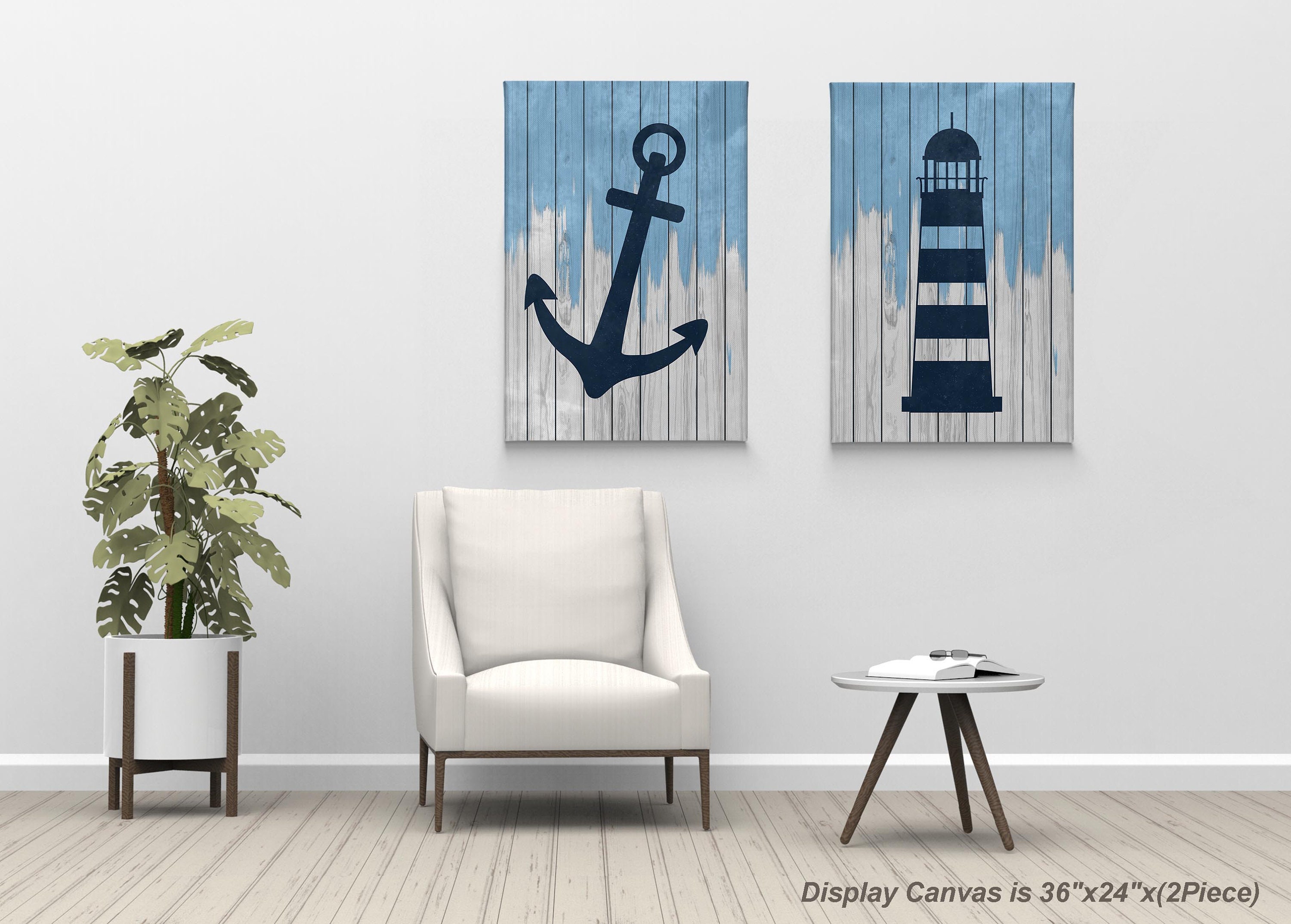 Anchor and Lighthouse Illustration Blue and White Wooden | Etsy