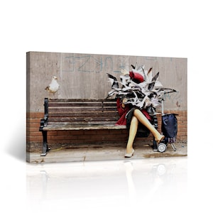 Banksy Canvas Wall Art Seagulls Attack Woman on Bench Street Art Graffiti Artwork Wall Decor for Living Room Home Decor