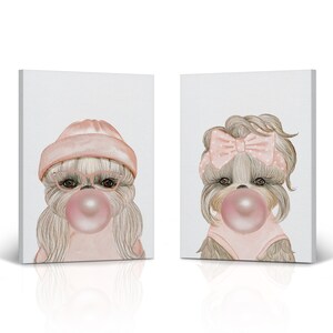 Cute Dog with Pink Hat and Ribbon Chewing Pink Bubble Gum 2 Piece Set Woodland Canvas Wall Art Print for Kids Boy Girl Room Wall Decor