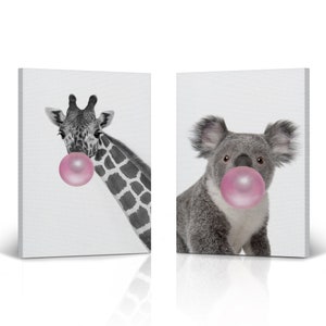 Koala and Giraffe Chewing Pink Bubble Gum Black and White 2 Piece Set Woodland Canvas Wall Art Print for Kids Boy Girl Room Wall Decor