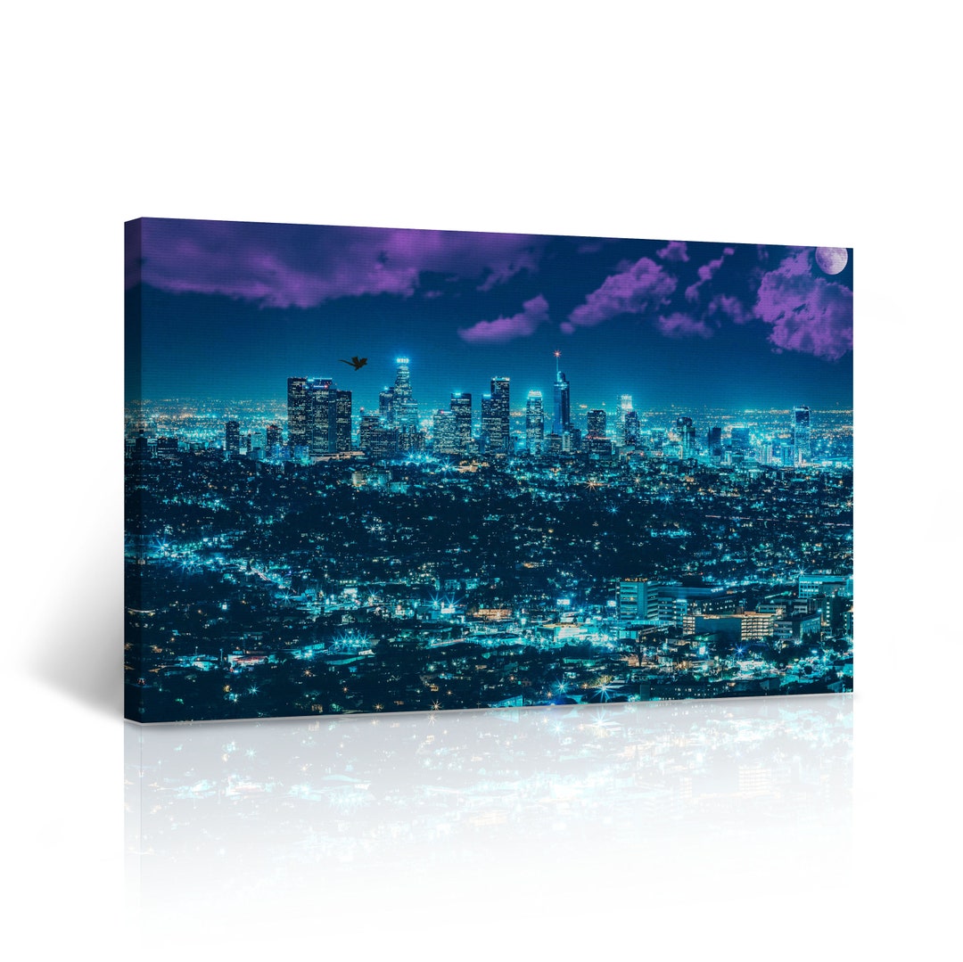 Los Angeles Skyline Wall Art Fantastic With Blue City Lights at Night