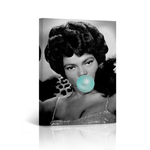 Eartha Kitt Teal Blue Bubble Gum Chewing Gum Black and White Portrait African American Pop Art Canvas Wall Art Print Bedroom Home Decor