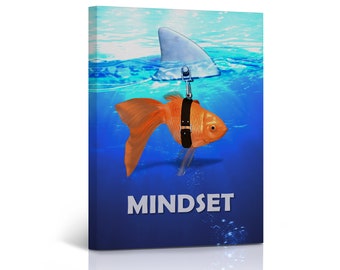 Mindset Office Decor Canvas Print Quote Goldfish and Shark Inspirational Motivational Quote Wall Art Ready to Hang