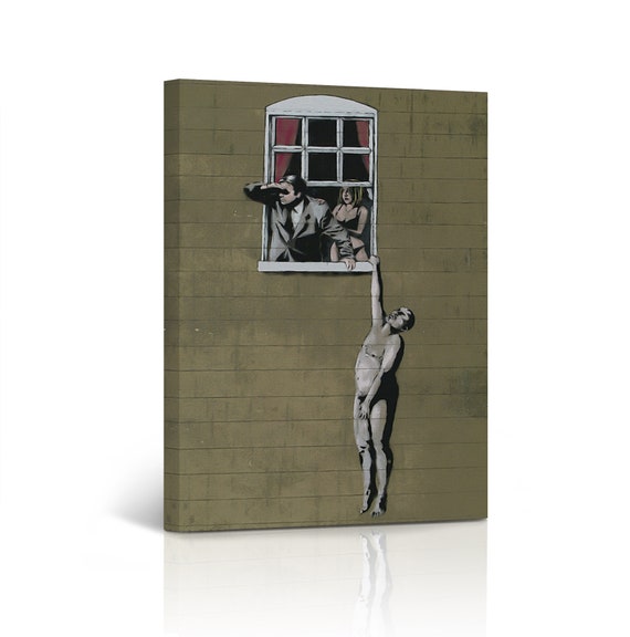 Banksy Canvas Wall Art Man Hanging From Window From Bristol Banksy Canvas Wall Art Man Hanging From Window From Bristol