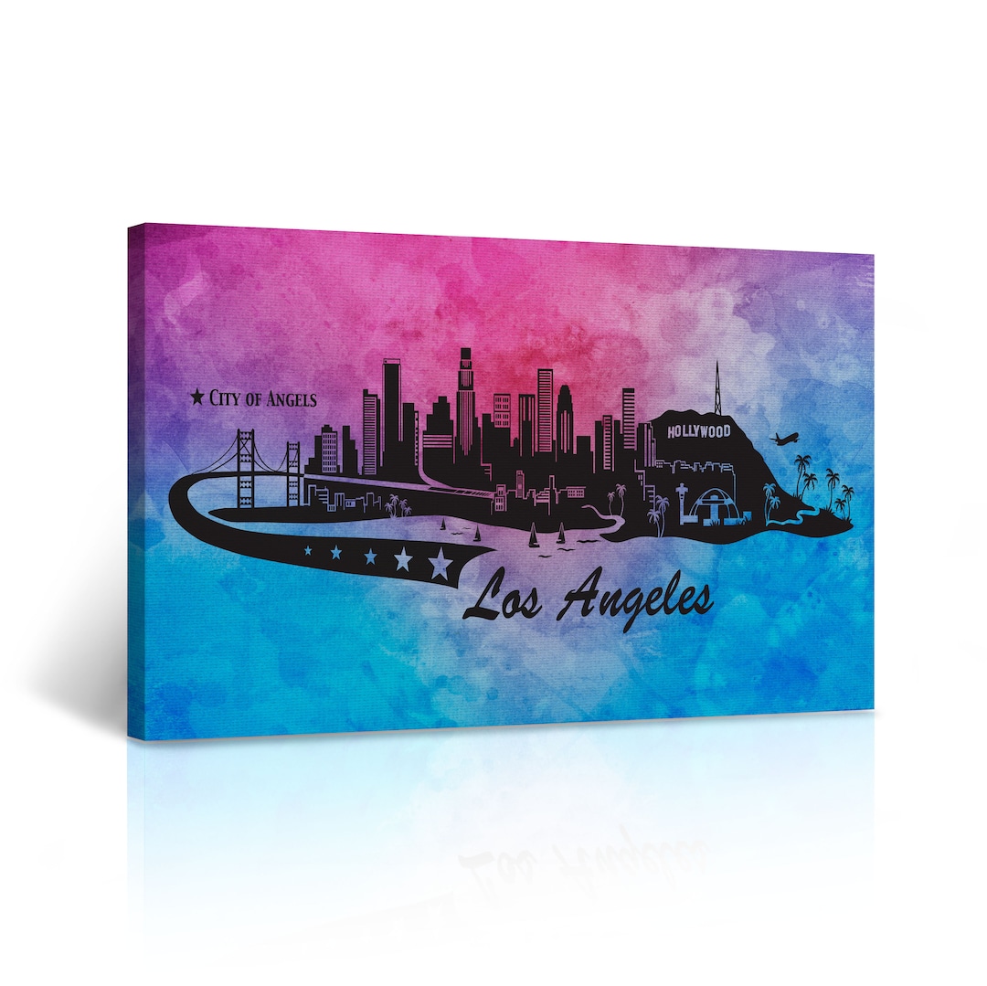 Los Angeles Skyline Wall Art Black Watercolor Background Etsy
