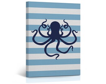Octopus Navy Blue Illustration Light Blue and White Coastal Decor Canvas Print Nautical Decor Home Decoration Stretched Ready to Hang