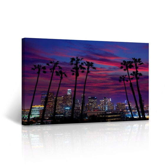 Los Angeles Skyline Wall Art Palm Trees and Purple Sky Canvas Etsy