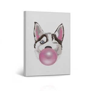 Husky Dog Blowing Pink Bubble Gum Portrait Pop Art Animal Canvas Wall Art Print for Kids Boy Girl Room Wall Decor