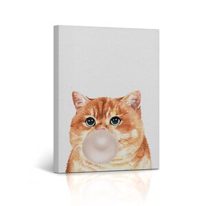 Green Eyed Cat Blowing White Bubble Gum Portrait Pop Art Animal Canvas Wall Art Print for Kids Boy Girl Room Wall Decor