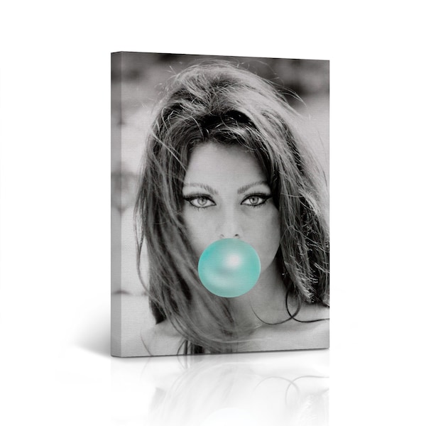 Pretty Sophia Loren Teal Blue Bubble Gum Chewing Gum Black and White Portrait Pop Art Canvas Wall Art Print Office Living Room Home Decor