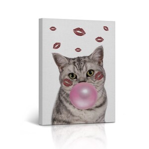 Brazilian Shorthair Cat Blowing Pink Bubble Gum Pop Art Animal Canvas Wall Art Print for Kids Boy Girl Room Wall Decor