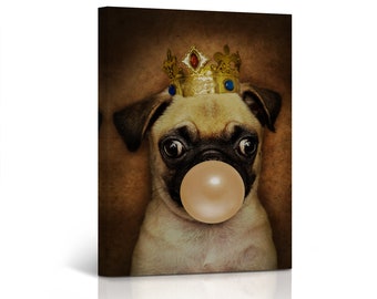 King Pug with Crown Blowing Orange Bubble Gum Pop Art Animal Canvas Wall Art Print for Kids Boy Girl Room Wall Decor