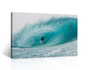 Surfer Teal Ocean Waves Big Giant Huge Wave Surfing Beach Living Room Bathroom Decor Canvas Wall Art Print Seascape Sunset Artwork Painting