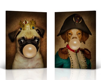 Pug with Crown and Epagneul Breton Dressed Dog Chewing Orange Bubble Gum 2 Piece Set Canvas Wall Art Print for Kids Boy Girl Room Wall Decor