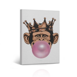 May include: A cartoon illustration of a monkey wearing a gold crown and blowing a large pink bubble. The monkey has a mischievous expression on its face.