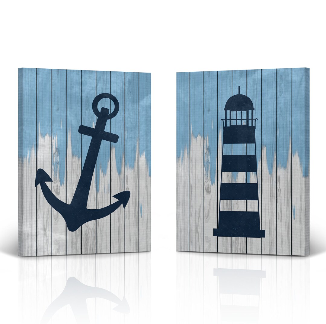 Anchor and Lighthouse Illustration Blue and White Wooden Coastal Decor ...