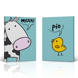 Cute Cow Chick Animal Sound Wall Art Nursery Decor 2 Panel Canvas Print Set Nursery Decor Wall Art Baby Girl Boy Room Sign Ready to Hang