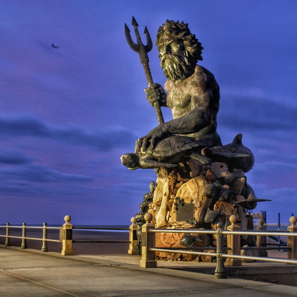 Nighttime at the Statue of King Neptune, Virginia Beach, VA Photo Print