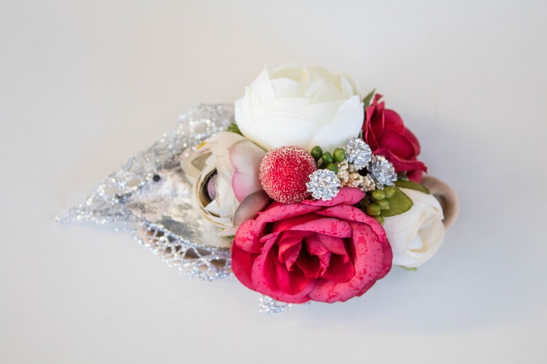 Medium Holiday Crown in Vintage Red Grey /& Silver Floral Headband | Ivory