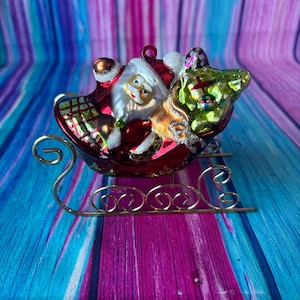 Vintage Christmas Blown Glass Santa Sleigh tree ornament holiday collectible presents gifts
