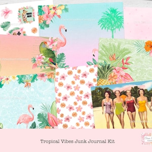 Tropical Junk Journal Kit, Retro Island Junk Journal Kit, Summer Scrapbook Craft Kit,  Beach Paper Pack, Flamingo & Beach Digital Paper