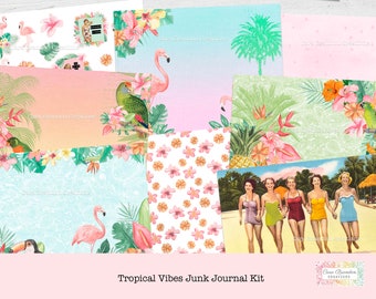 Tropical Junk Journal Kit, Retro Island Junk Journal Kit, Summer Scrapbook Craft Kit,  Beach Paper Pack, Flamingo & Beach Digital Paper