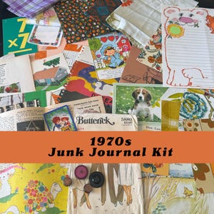 May include: A collection of vintage 1970s paper ephemera including patterned fabric scraps, illustrated stationery with a bear, a beagle photograph, a Butterick sewing pattern envelope, and various colorful printed pages with retro graphics.
