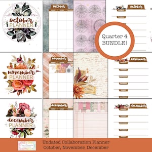 Undated Quarter 4 Planner Bundle, October, November, December Digital Planner, Weekly & Monthly Printable, Junk Journal inserts
