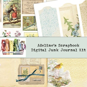 May include: A digital scrapbook kit with vintage images, including a couple walking on a path, a bird, flowers, and a handwritten note. The kit also includes several tags with floral patterns and a logo for Cara Brandon Creations.