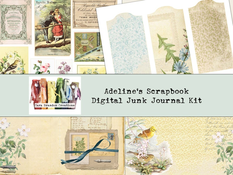 May include: A digital scrapbook kit with vintage images, including a couple walking on a path, a bird, flowers, and a handwritten note. The kit also includes several tags with floral patterns and a logo for Cara Brandon Creations.