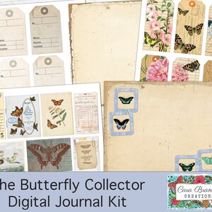 K&ouml;nnte beinhalten: Digitales Journal-Kit mit Schmetterlings-Motiv. Das Kit enth&auml;lt verschiedene Elemente wie Etiketten, Papiere und Schmetterlingsbilder. Das Kit ist f&uuml;r Scrapbooking und Journaling gedacht.