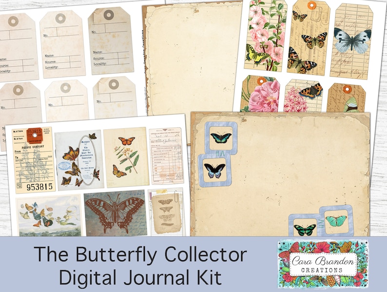 K&ouml;nnte beinhalten: Digitales Journal-Kit mit Schmetterlings-Motiv. Das Kit enth&auml;lt verschiedene Elemente wie Etiketten, Papiere und Schmetterlingsbilder. Das Kit ist f&uuml;r Scrapbooking und Journaling gedacht.