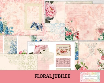 Floral Jubilee Junk Journal Kit, Pink and Blue (Digital Download)